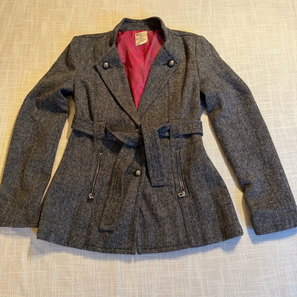 Tulle Womens Wool Blend Belted Pea Coat Grey Tweed Jacket L7598 Size M